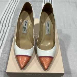 AUTHENTIC JIMMY CHOO BAHAMA PATENT WHITE SORBET PUMPS SIZE 37.5 85mm